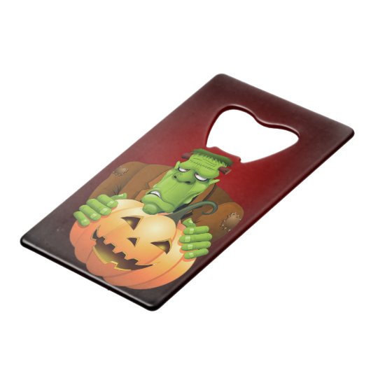 Frankenstein Monster Cartoon met pompoen Creditkaart Flessenopener (Achterkant Gekanteld)