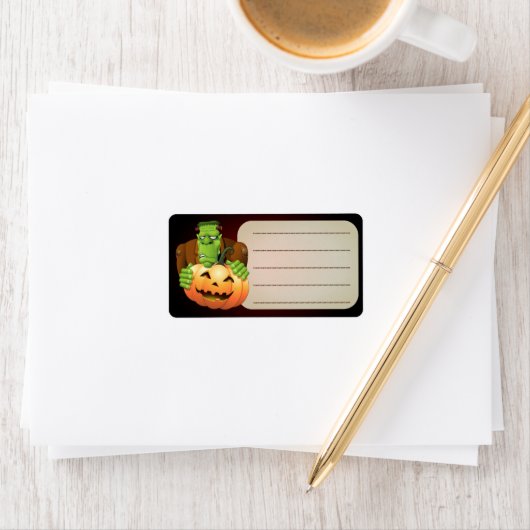 Frankenstein Monster Cartoon met pompoen Etiket (Insitu)