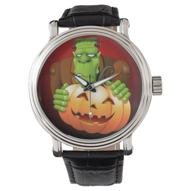 Frankenstein Monster Cartoon met pompoen Horloge (Voorkant)