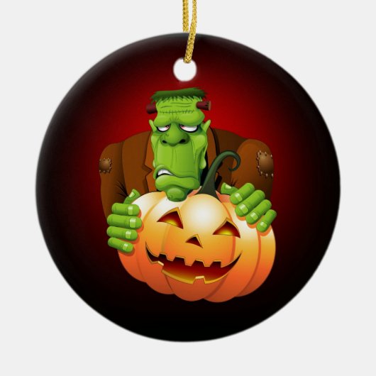 Frankenstein Monster Cartoon met pompoen Keramisch Ornament (Voorkant)