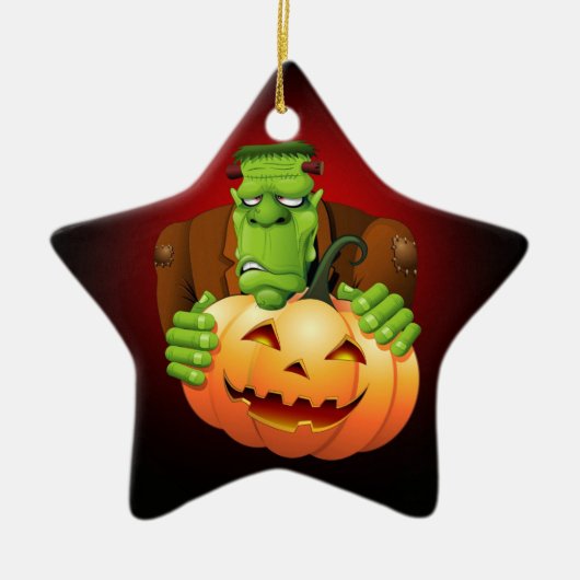 Frankenstein Monster Cartoon met pompoen Keramisch Ornament (Voorkant)