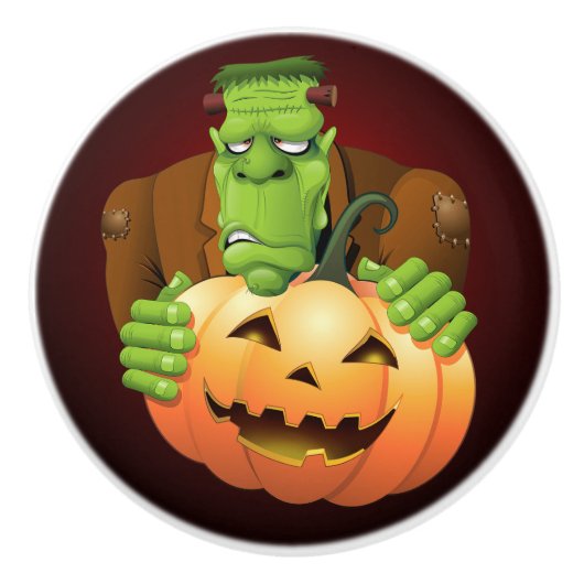Frankenstein Monster Cartoon met pompoen Keramische Knop (Voorkant)