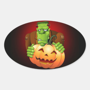 Frankenstein Monster Cartoon met pompoen Ovale Sticker