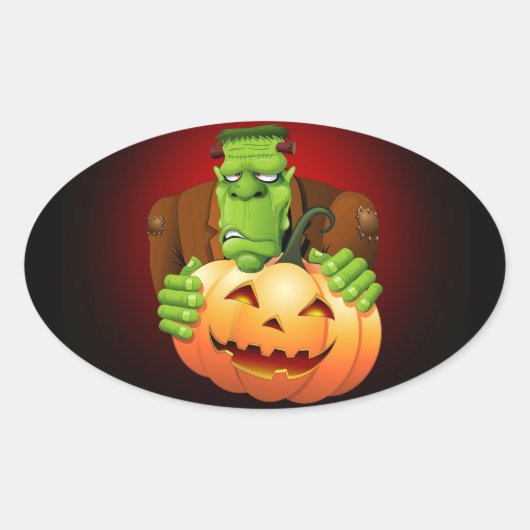 Frankenstein Monster Cartoon met pompoen Ovale Sticker (Voorkant)