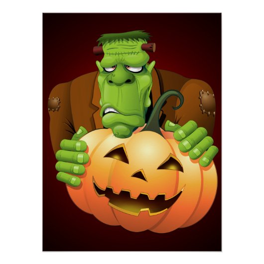 Frankenstein Monster Cartoon met pompoen Perfect Poster (Voorkant)