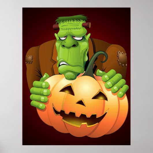 Frankenstein Monster Cartoon met pompoen Poster (Voorkant)