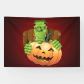 Frankenstein Monster Cartoon met pompoen Spandoek (Horizontaal)