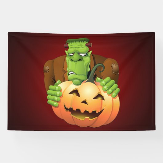 Frankenstein Monster Cartoon met pompoen Spandoek (Horizontaal)