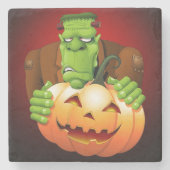 Frankenstein Monster Cartoon met pompoen Stenen Onderzetter (Voorkant)