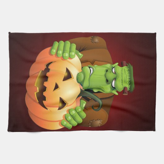 Frankenstein Monster Cartoon met pompoen Theedoek (Horizontaal)