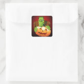 Frankenstein Monster Cartoon met pompoen Vierkante Sticker (Tas)