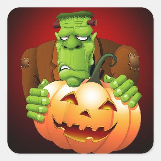 Frankenstein Monster Cartoon met pompoen Vierkante Sticker (Voorkant)
