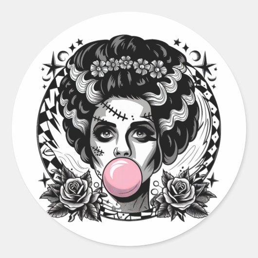 Frankenstein Monster en bruid Bubble Gum Funny Ha Ronde Sticker (Voorkant)