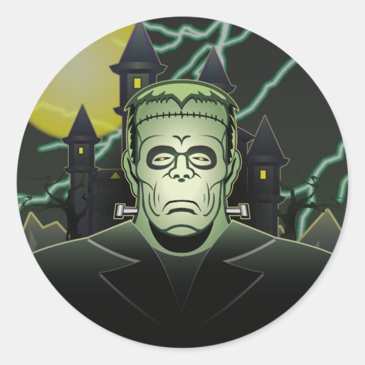 Frankenstein Monster Halloween Castle Lightning Ronde Sticker (Voorkant)