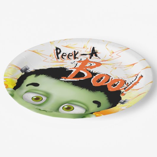 Frankenstein Monster Peek Een Boo Verjaardagsfeest Papieren Bordje (Gekanteld)