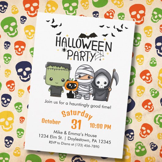 Frankenstein Mummie Grim Reaper Cute Kat Halloween Kaart