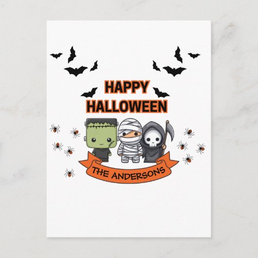 Frankenstein Mummy Grim Reaper Schattige Cat Hallo Briefkaart (Voorkant)