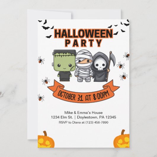 Frankenstein Mummy Grim Reaper Schattige Halloween Kaart (Voorkant)