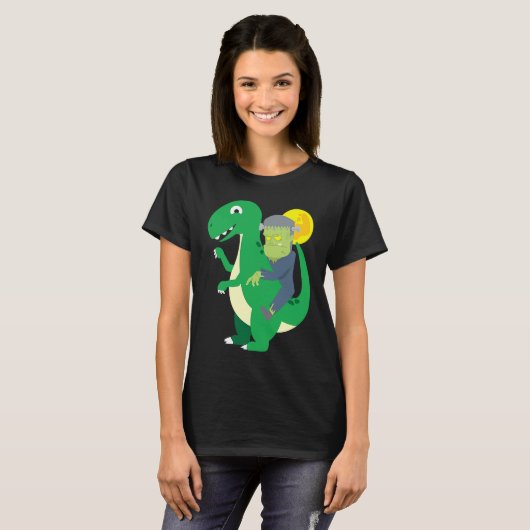 Frankenstein Riding Rex Cool Dinosaur Halloween Co T-shirt (Voorkant volledig)