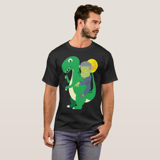 Frankenstein Riding Rex Cool Dinosaur Halloween Co T-shirt (Voorkant volledig)