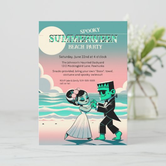 Frankenstein Summerween Beach Party Retro Dansen Kaart (Staand voorkant)