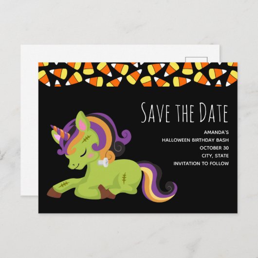 Frankenstein Unicorn Verjaardag Save the Date Uitnodiging Briefkaart (Voorkant / Achterkant)