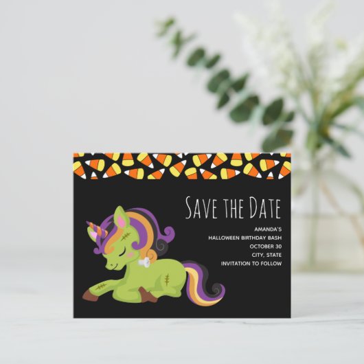 Frankenstein Unicorn Verjaardag Save the Date Uitnodiging Briefkaart (Staand voorkant)