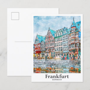 Frankfurt Duitsland Reizen Waterverf Hand getekend Briefkaart