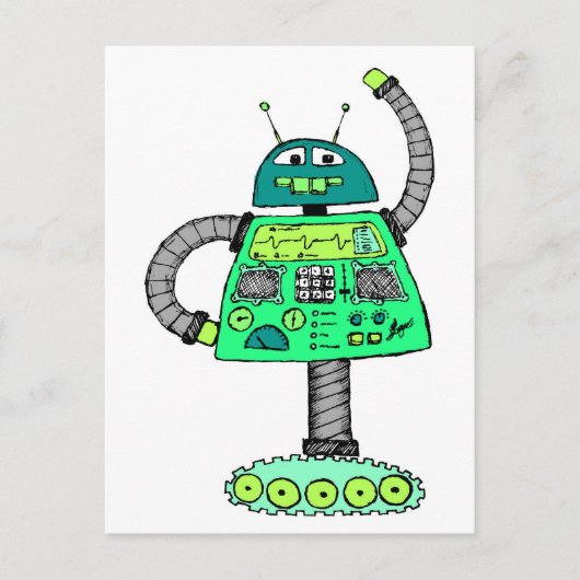 Frankie robot, groen op wit briefkaart (Voorkant)