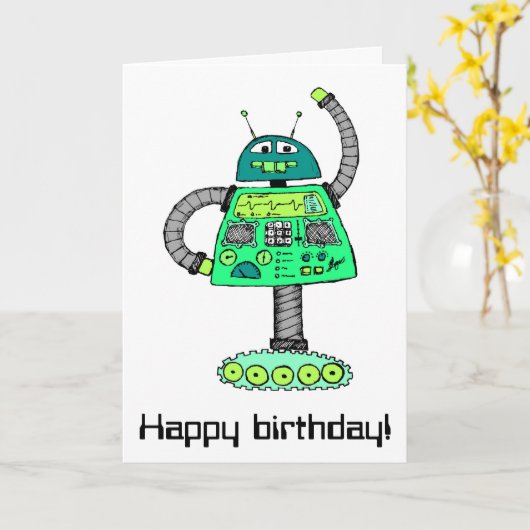 Frankie robot, groen op wit kaart (Gele Bloem)