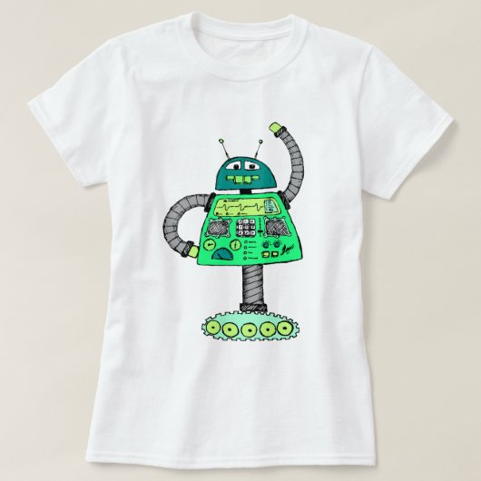 Frankie robot, groen op wit t-shirt (Design voorkant)