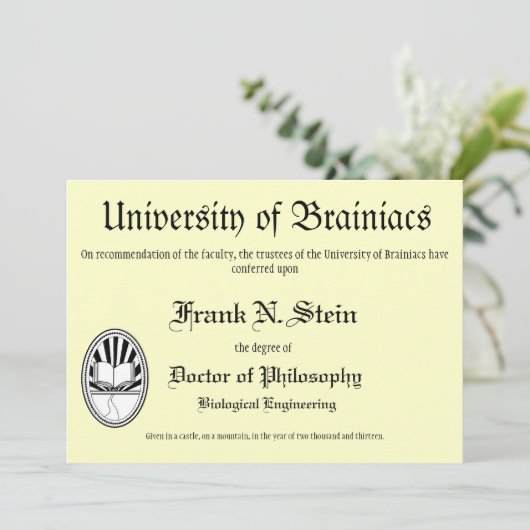 Franknstein diploma afstuderen-uitnodiging kaart (Staand voorkant)