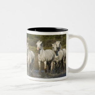 Frankrijk, Camargue. Paarden rennen door het estua Tweekleurige Koffiemok
