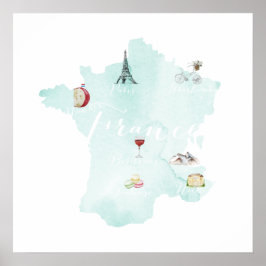 Frankrijk Illustreerde Waterverf Wall Art Map Poster