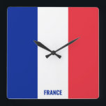 Frankrijk National Flag Patriotic Vierkante Klok<br><div class="desc">De Franse National Flag Patriotic Square Wall Clock met de landvlag in de nationale kleuren die de hele dag door worden gedrukt. De naam van het land is subtiel geïntegreerd in het ontwerp onderaan. De tekst is volledig aanpasbaar gebruikend "pas het aan!" Kenmerken. Dit charmerende ontwerp is het verbluffende geschenk...</div>