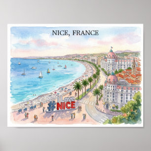 Frankrijk Promenade des Anglais Aquarel Kunst Poster