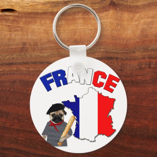 Frankrijk - Pug met baguette - Sleutelhanger (Voorkant)