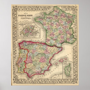 Frankrijk, Spanje, Portugal Kaart van Mitchell Poster