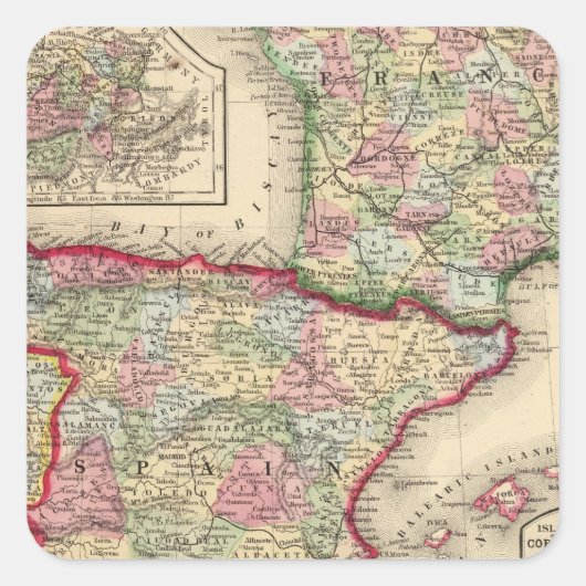 Frankrijk, Spanje, Portugal Kaart van Mitchell Vierkante Sticker (Voorkant)