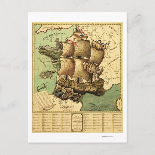 Frankrijk vertegenwoordigd als ShipPanoramic Map Briefkaart (Voorkant)