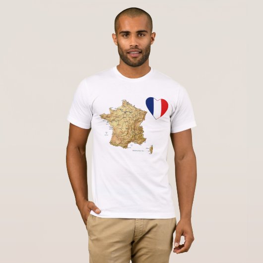 Frankrijk Vlag hart en kaart T-Shirt (Voorkant volledig)