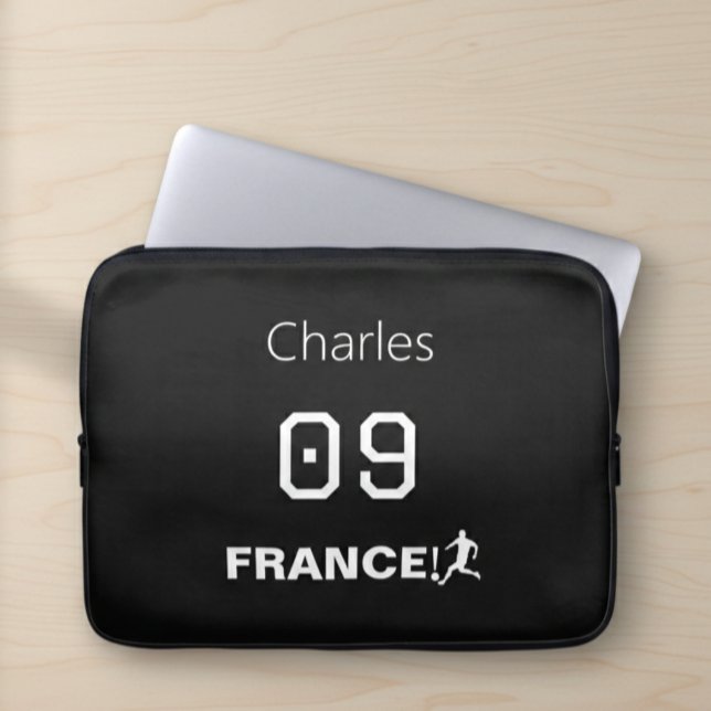 Frankrijk Voetbal Aangepaste Monogram Zwarte Witte Laptop Sleeve (Creator heeft geüpload)