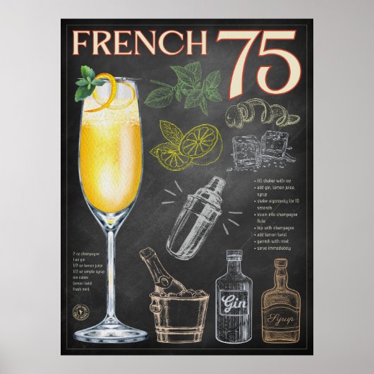 Frans 75 Cocktail Recept Chalkboard Bar Art Poster (Voorkant)