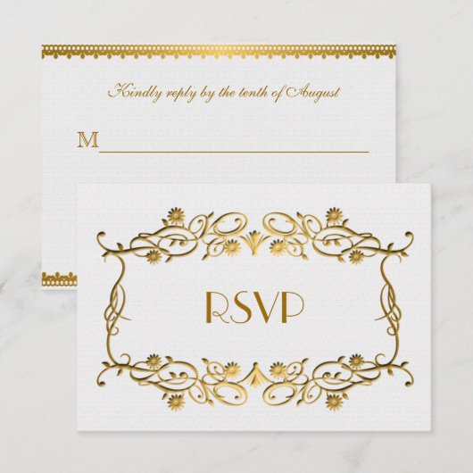 Frans Art Deco Ivory White Gold Foil Wedding RSVP (Voorkant / Achterkant)