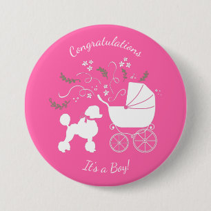 Frans Baby shower Poodle Dog Puppy Pink Girl Ronde Button 7,6 Cm