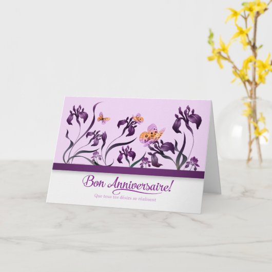Frans Birthday Bon Anniversaire Paars Iris Kaart (Gele Bloem)