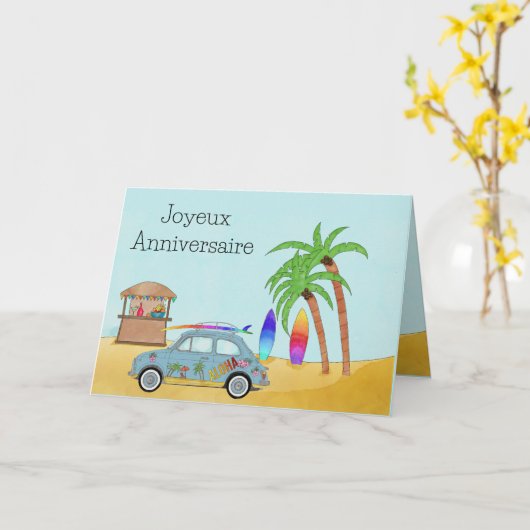 Frans Birthday Hawaii Surf Fiat 500 Kaart (Gele Bloem)