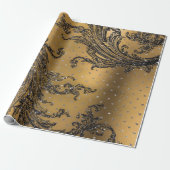 Frans Black Lace Royal Floral Hearts Gold Cadeaupapier (Uitgerold)