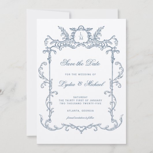 Frans Blauw Barok Monogram Bewaar de datum Save The Date (Voorkant)