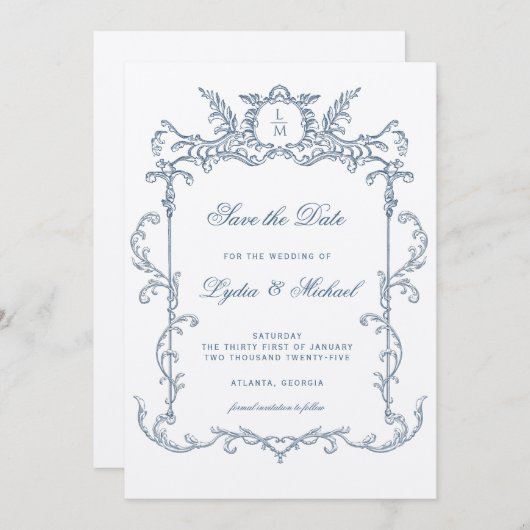 Frans Blauw  Barok Monogram Bewaar de datum Save The Date (Voorkant / Achterkant)